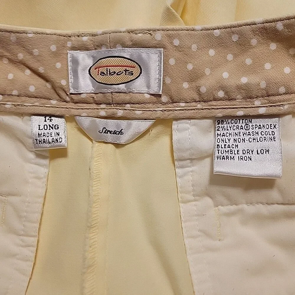 TALBOTS Butter Yellow Cotton Stretch Pants Sz 14 Tall Twill Preppy Chino EUC Vtg